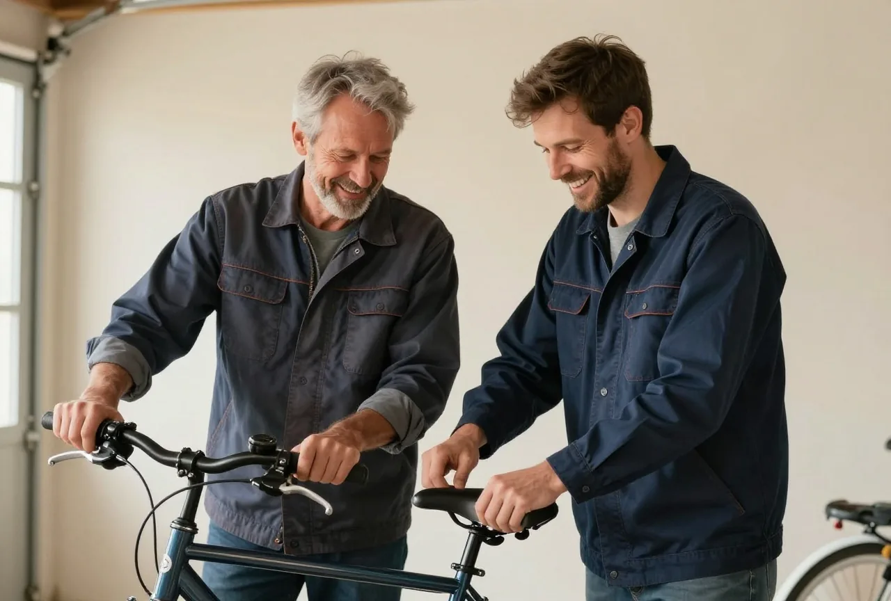 Vater Mitte fünfzig und sein erwachsener Sohn Anfang zwanzig reparieren in einer hellen Garage gemeinsam ein Fahrrad und lachen