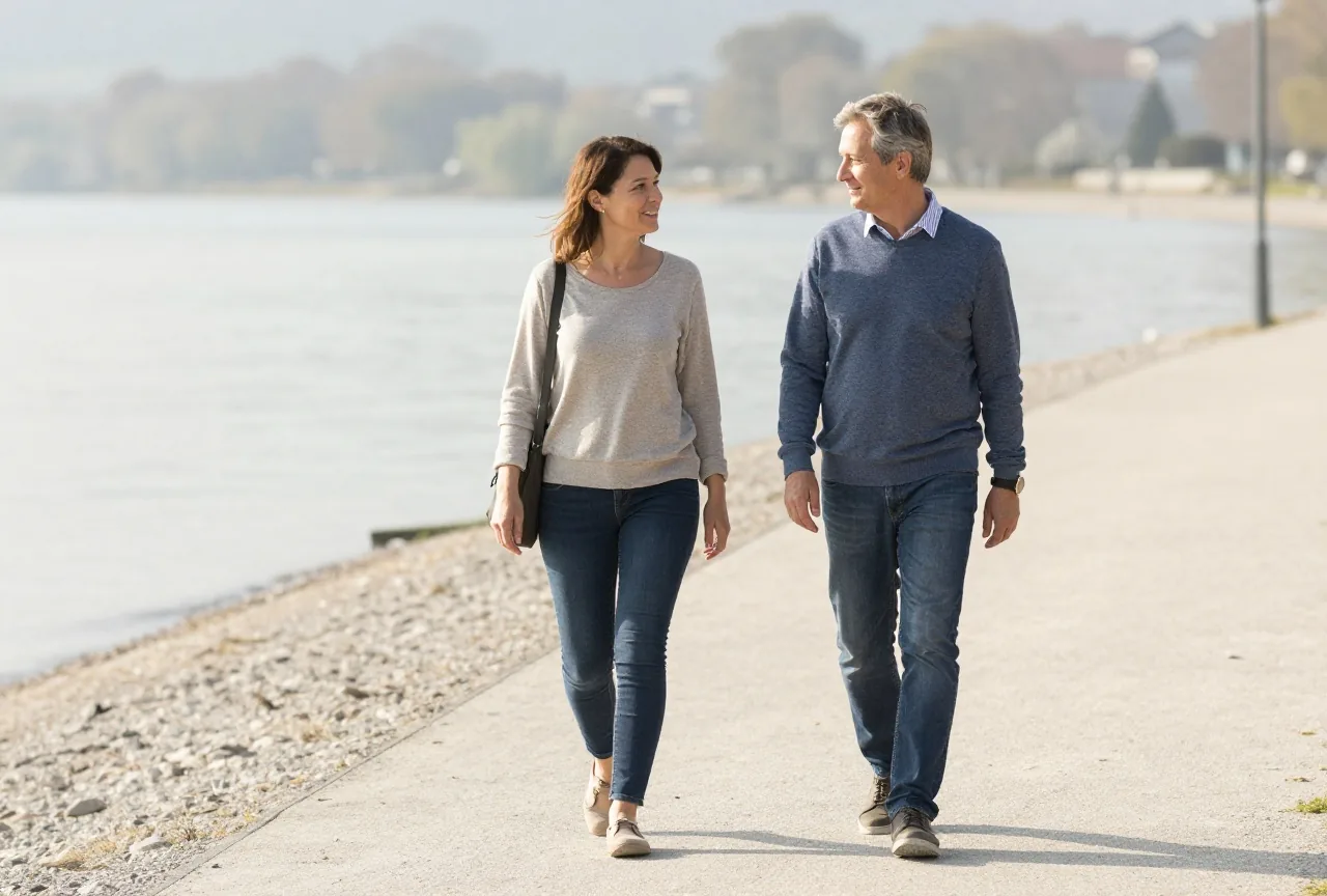 Älterer Mann um die siebzig geht am Vormittag mit seiner erwachsenen Tochter einen sonnigen Weg am See entlang, beide wirken entspannt