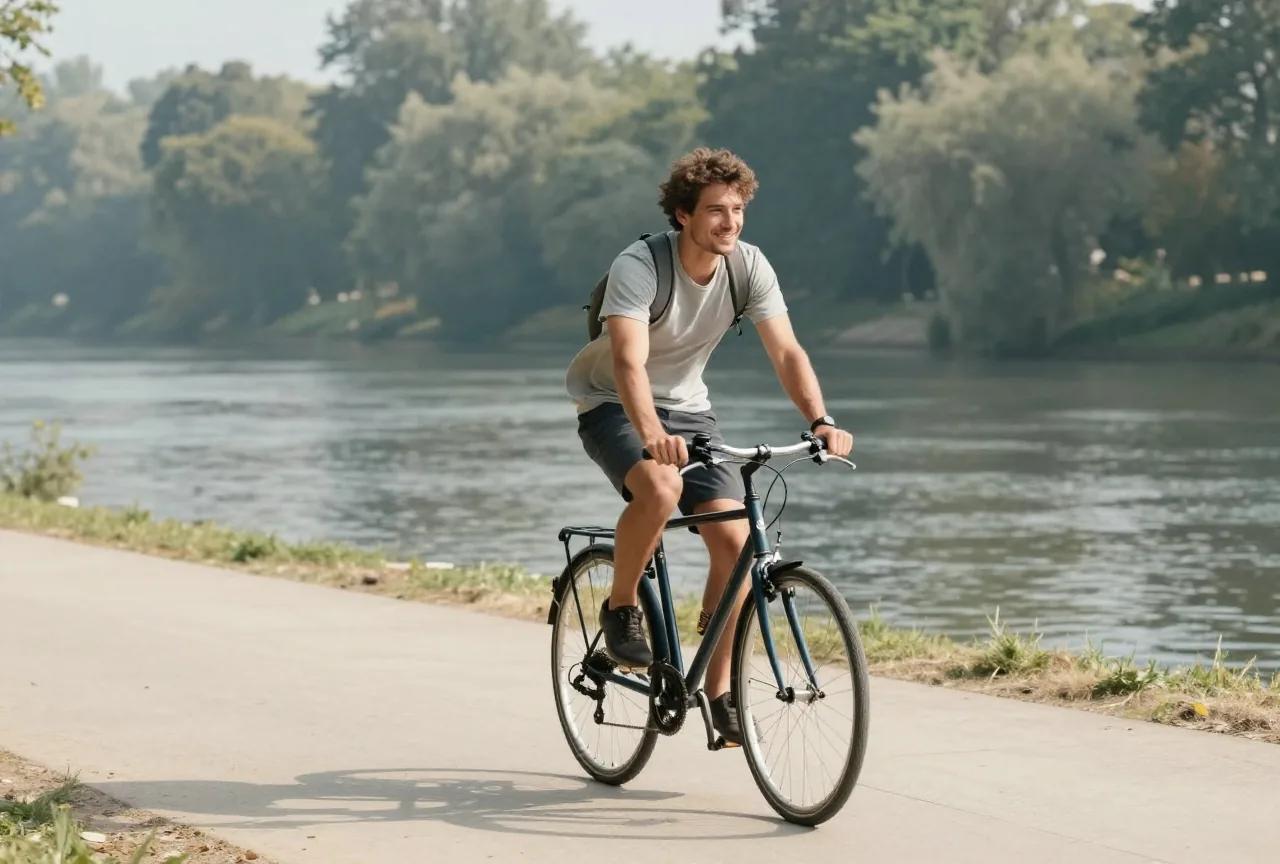 Mann Mitte dreißig fährt an einem sonnigen Morgen mit dem Fahrrad auf einem ruhigen Weg am Fluss, im Hintergrund Bäume