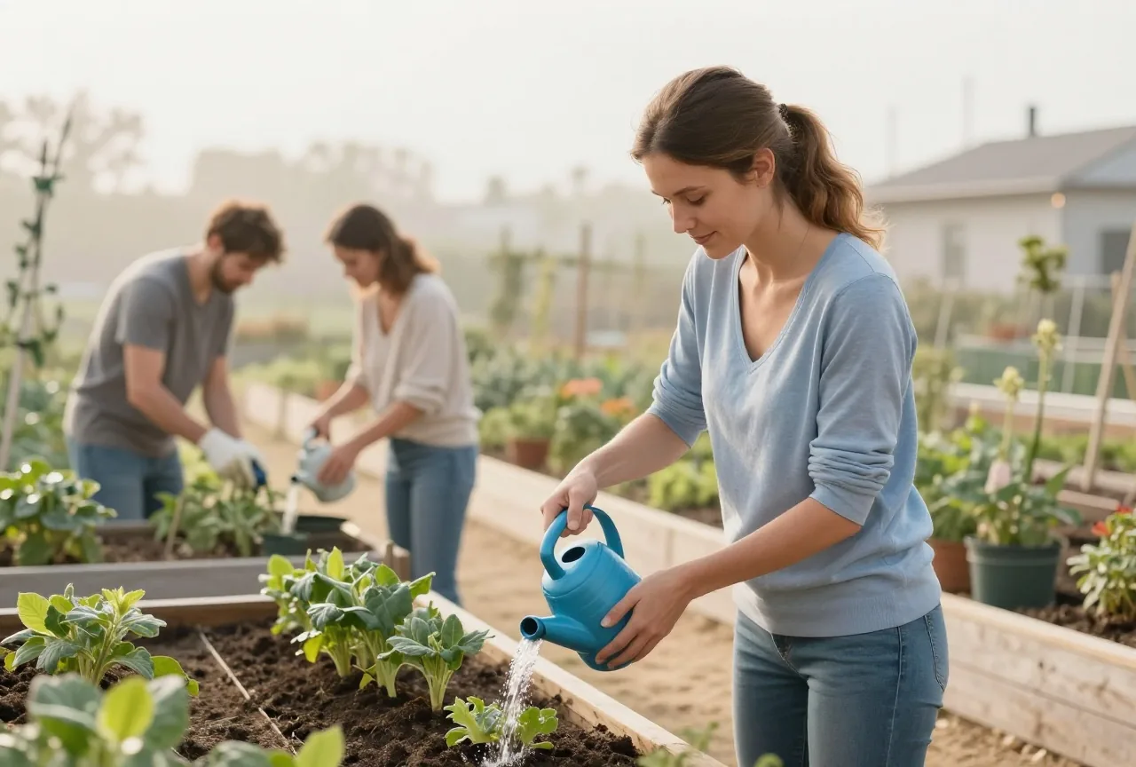 Frau Mitte dreißig gießt am Vormittag Pflanzen in einem hellen Gemeinschaftsgarten, im Hintergrund arbeiten zwei weitere Erwachsene an Beeten