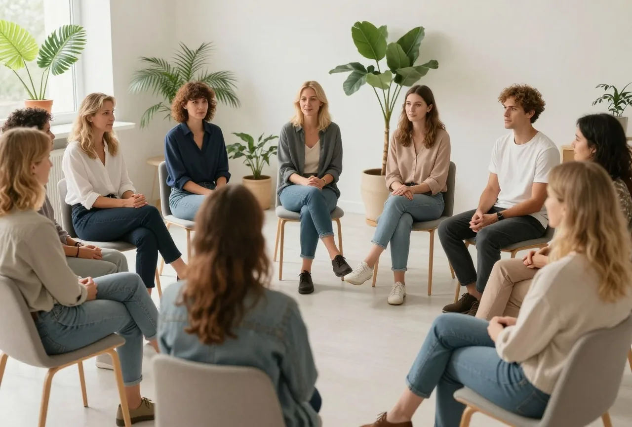Kleine Gesprächsrunde von Frauen und Männern unterschiedlichen Alters sitzt im Kreis in einem hellen Gemeinderaum mit großen Pflanzen