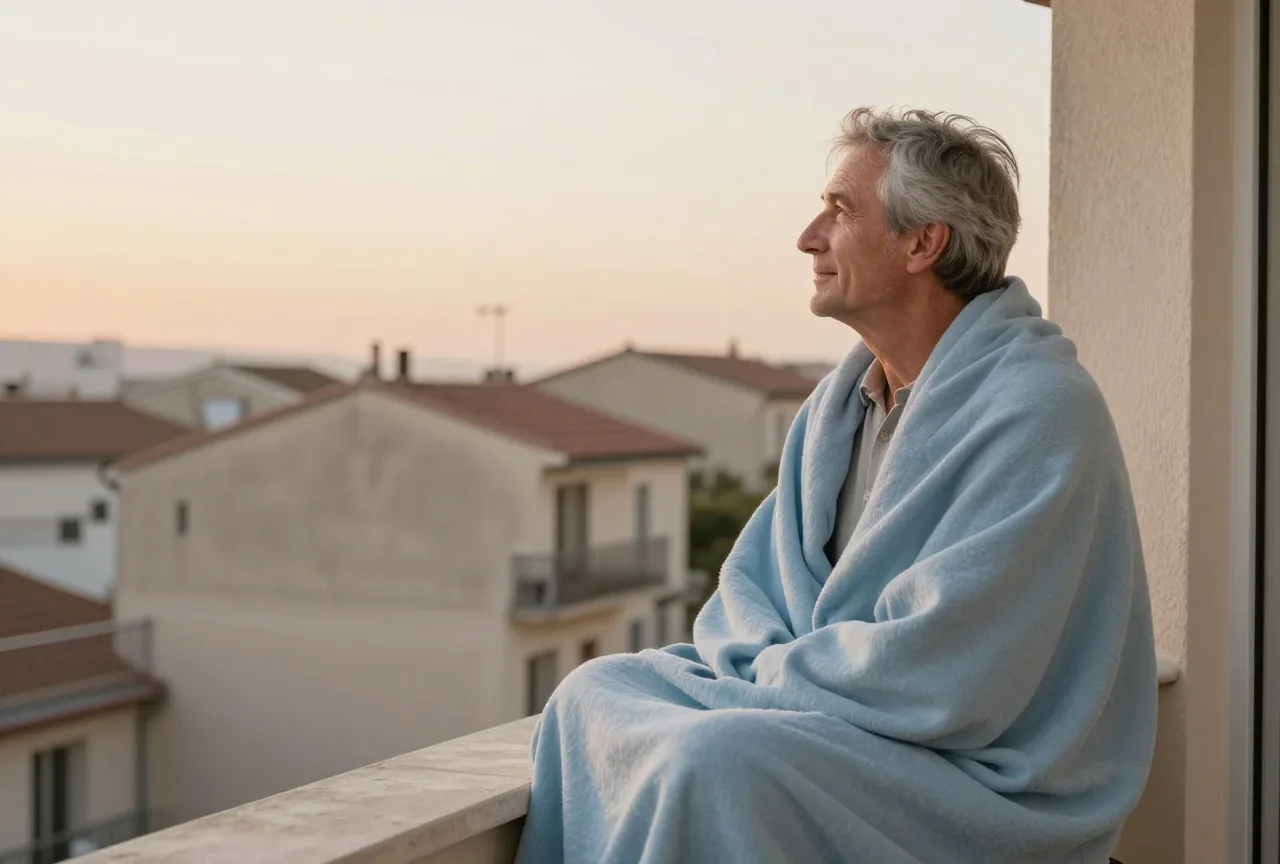 Mann Anfang sechzig sitzt am frühen Abend in eine Decke gehüllt auf dem Balkon und schaut in den Sonnenuntergang