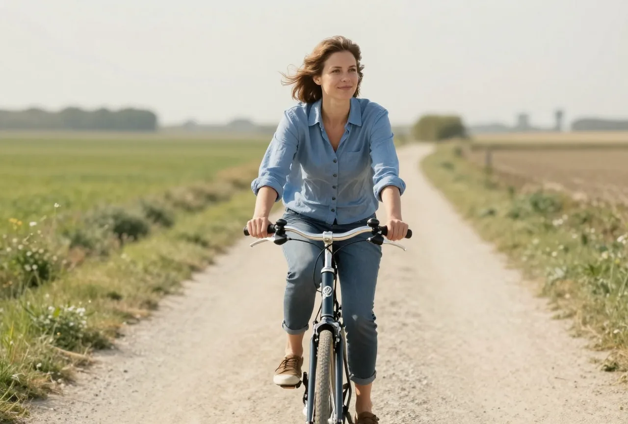 Frau Anfang vierzig fährt an einem sonnigen Nachmittag mit dem Fahrrad auf einem Feldweg zwischen Wiesen