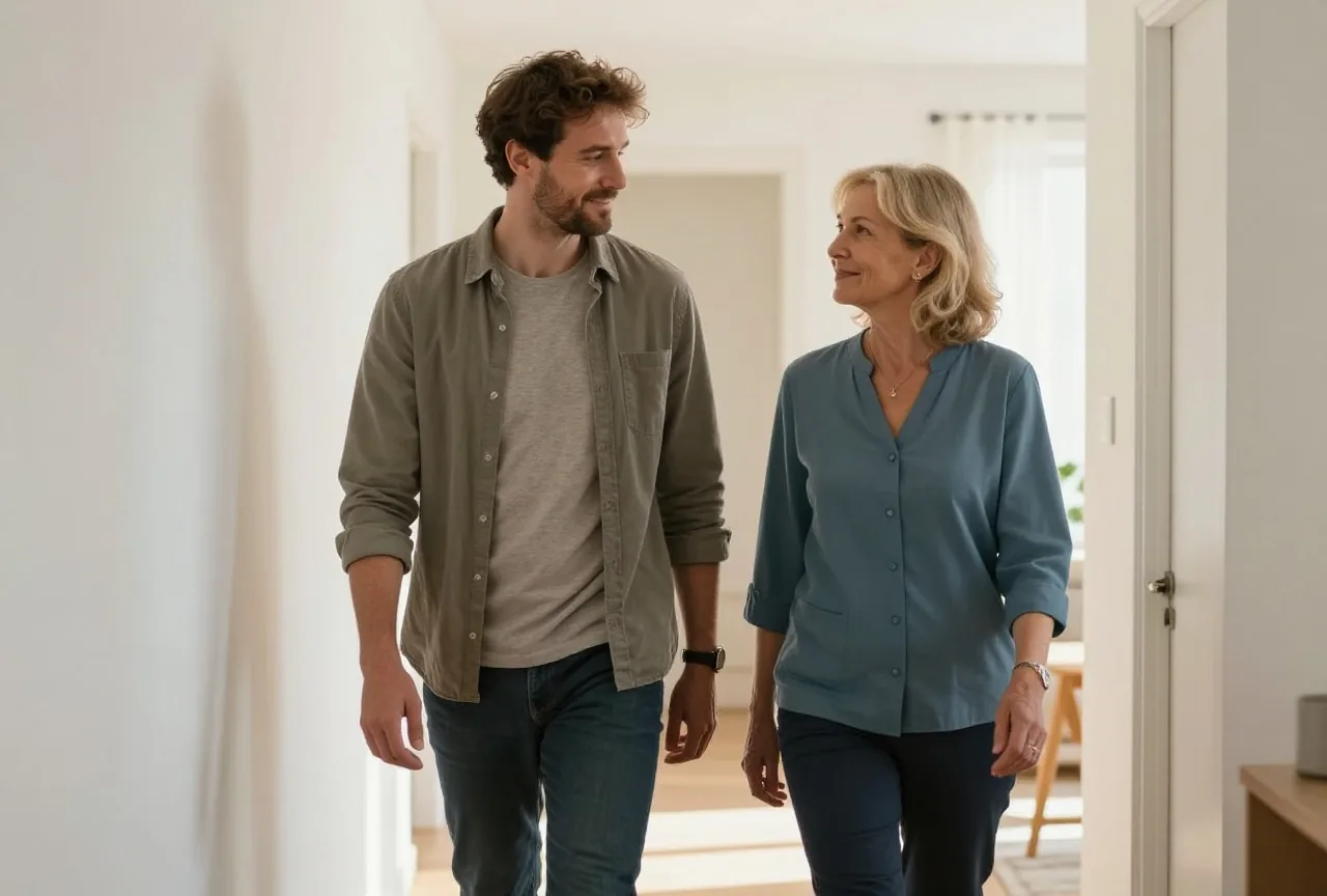 Mann Ende dreißig und eine Therapeutin Mitte fünfzig gehen gemeinsam durch eine helle Wohnung und unterhalten sich ruhig