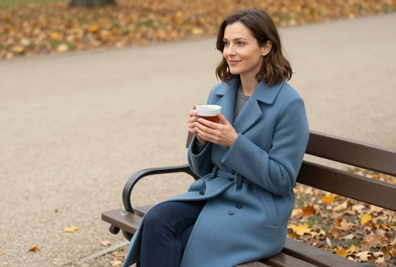 Frau Ende dreißig sitzt an einem Herbstnachmittag ruhig auf einer Parkbank und hält einen Becher Tee