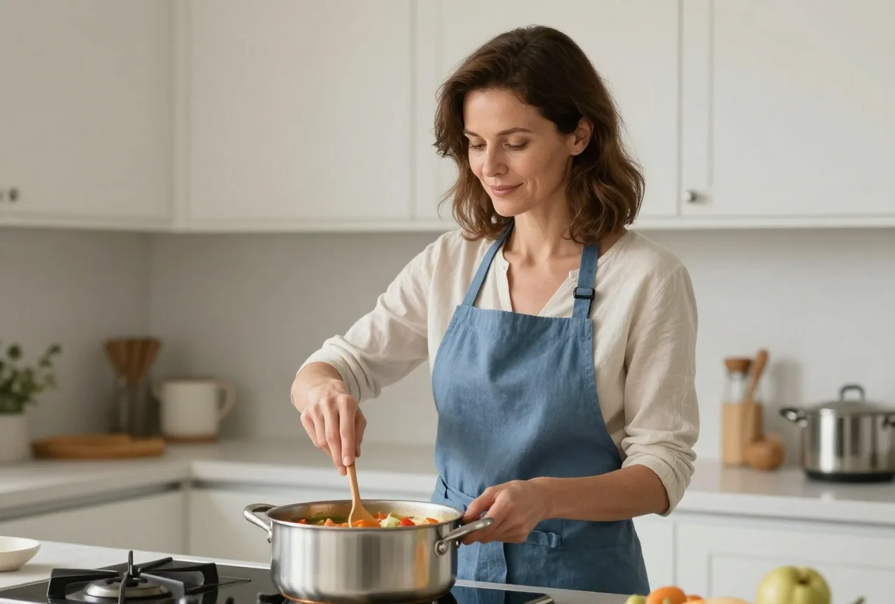 Frau Mitte vierzig rührt am Mittag in einer hellen Küche einen Topf Gemüsesuppe um