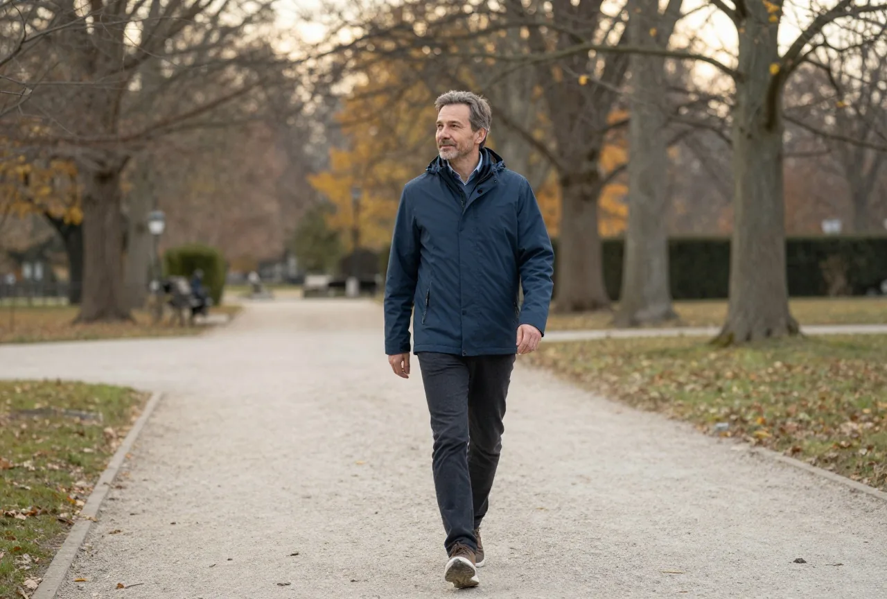 Mann Mitte vierzig geht am späten Nachmittag entspannt auf einem Kiesweg durch einen Park mit herbstlichen Bäumen