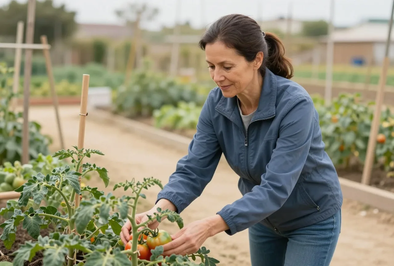 Frau in den Vierzigern mit dunklem Pferdeschwanz pflegt an einem milden Nachmittag Tomatenpflanzen in einem kleinen Gemeinschaftsgarten