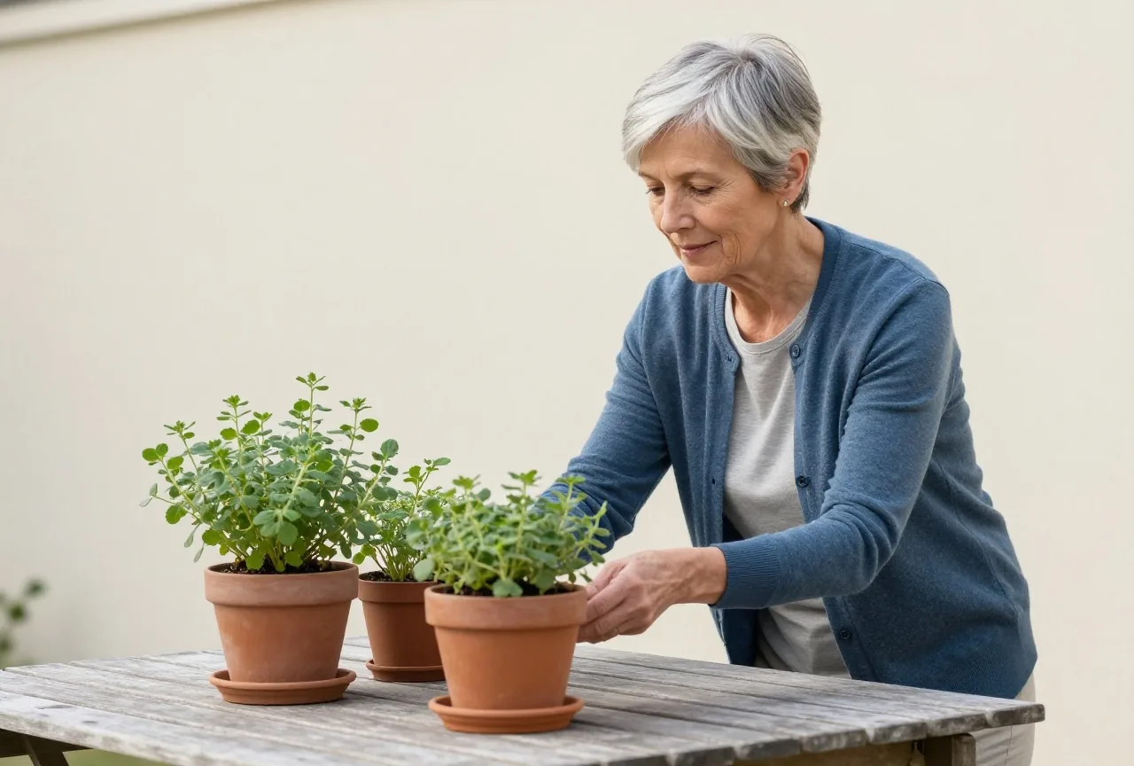Frau in den Fünfzigern mit kurzen silbernen Haaren pflegt an einem ruhigen Morgen Kräuter in Töpfen auf einem hölzernen Gartentisch