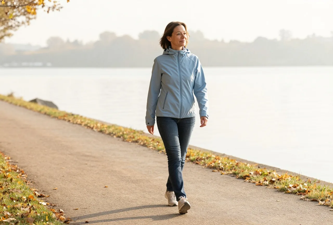 Frau Anfang vierzig geht an einem hellen Herbstmorgen in einer leichten Jacke einen ruhigen Uferweg entlang