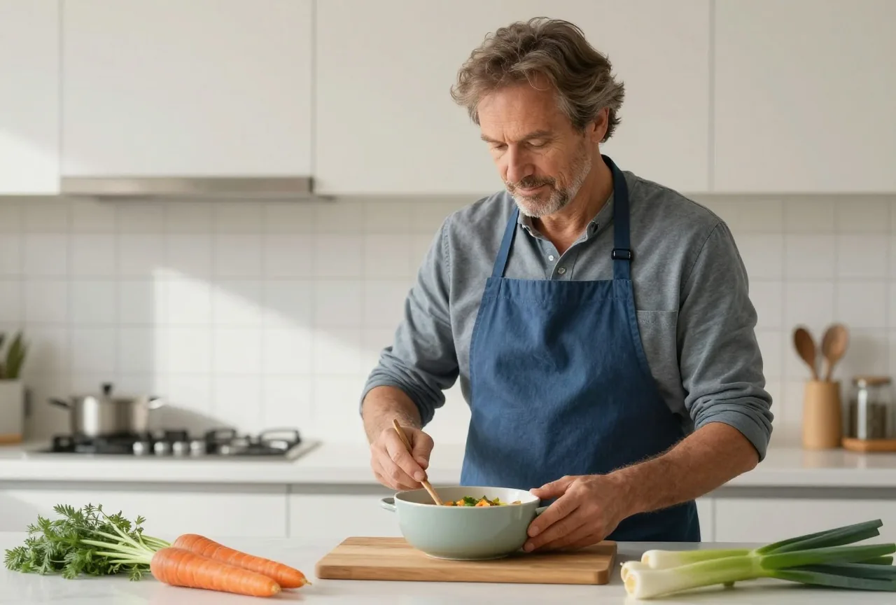 Mann in den Vierzigern bereitet in einer hellen Küche ruhig eine einfache Gemüsesuppe zu