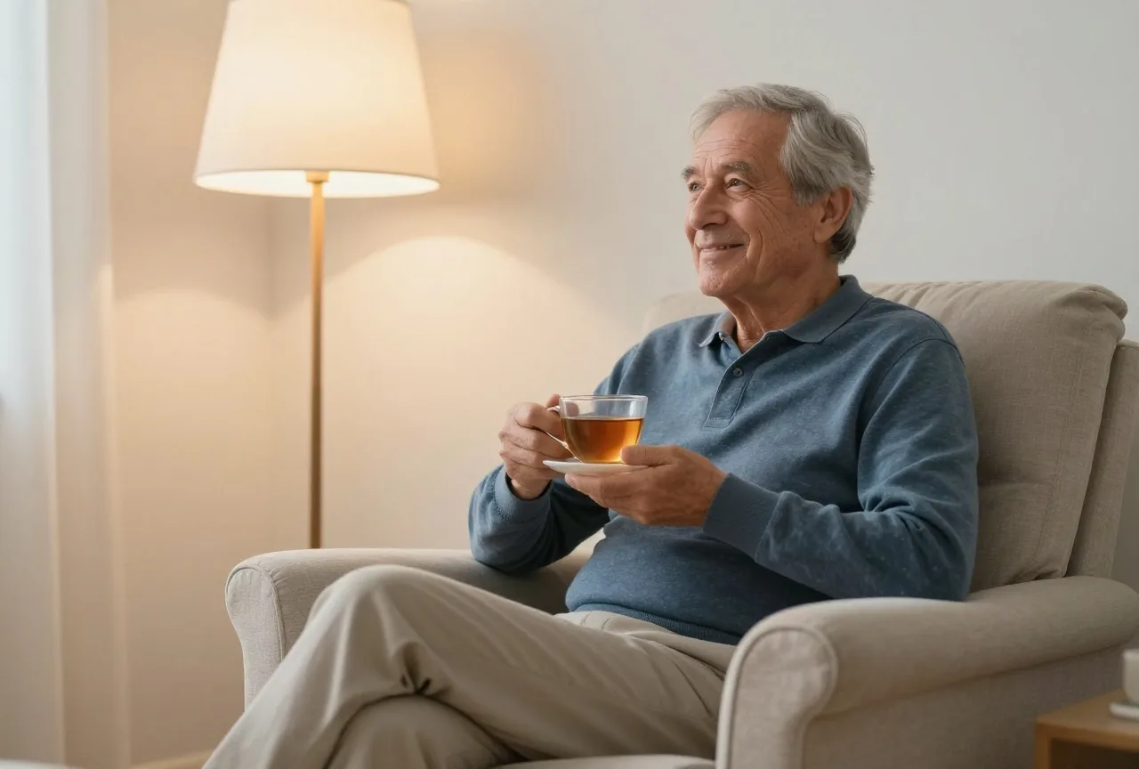 Mann Ende sechzig sitzt am Abend mit einer Tasse Kräutertee in einem Sessel neben einer warmen Stehlampe in einem ruhigen Wohnzimmer