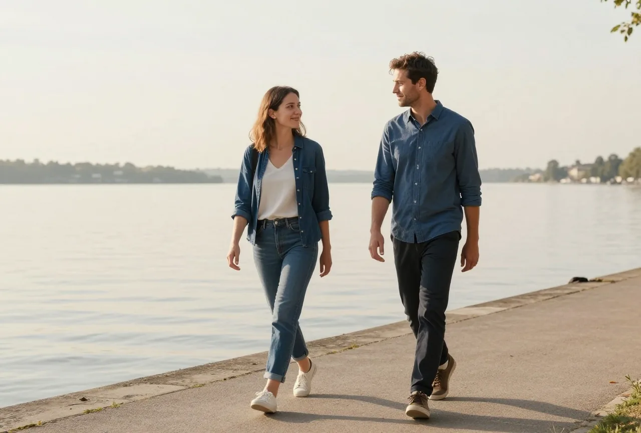 Frau und Mann in den Dreißigern gehen am Nachmittag nebeneinander auf einem Uferweg an einem See und unterhalten sich