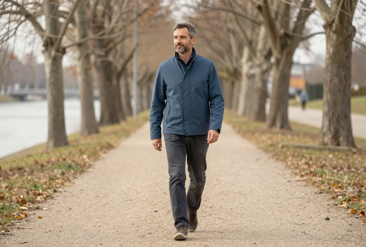 Mann in den Vierzigern mit kurzem Bart geht an einem Herbstnachmittag ruhig einen baumgesäumten Uferweg entlang