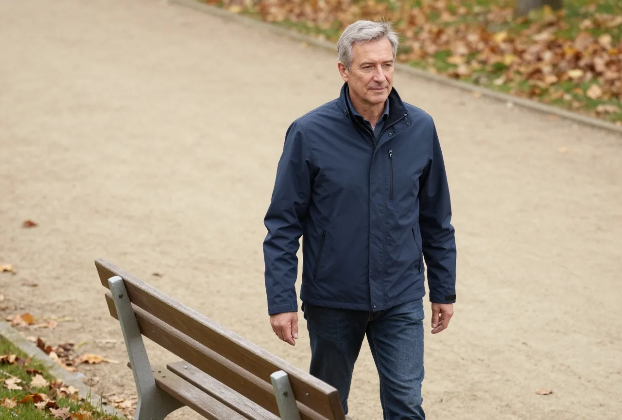 Mann in den Fünfzigern mit kurzen grauen Haaren steht an einem milden Herbstnachmittag langsam von einer Gartenbank auf