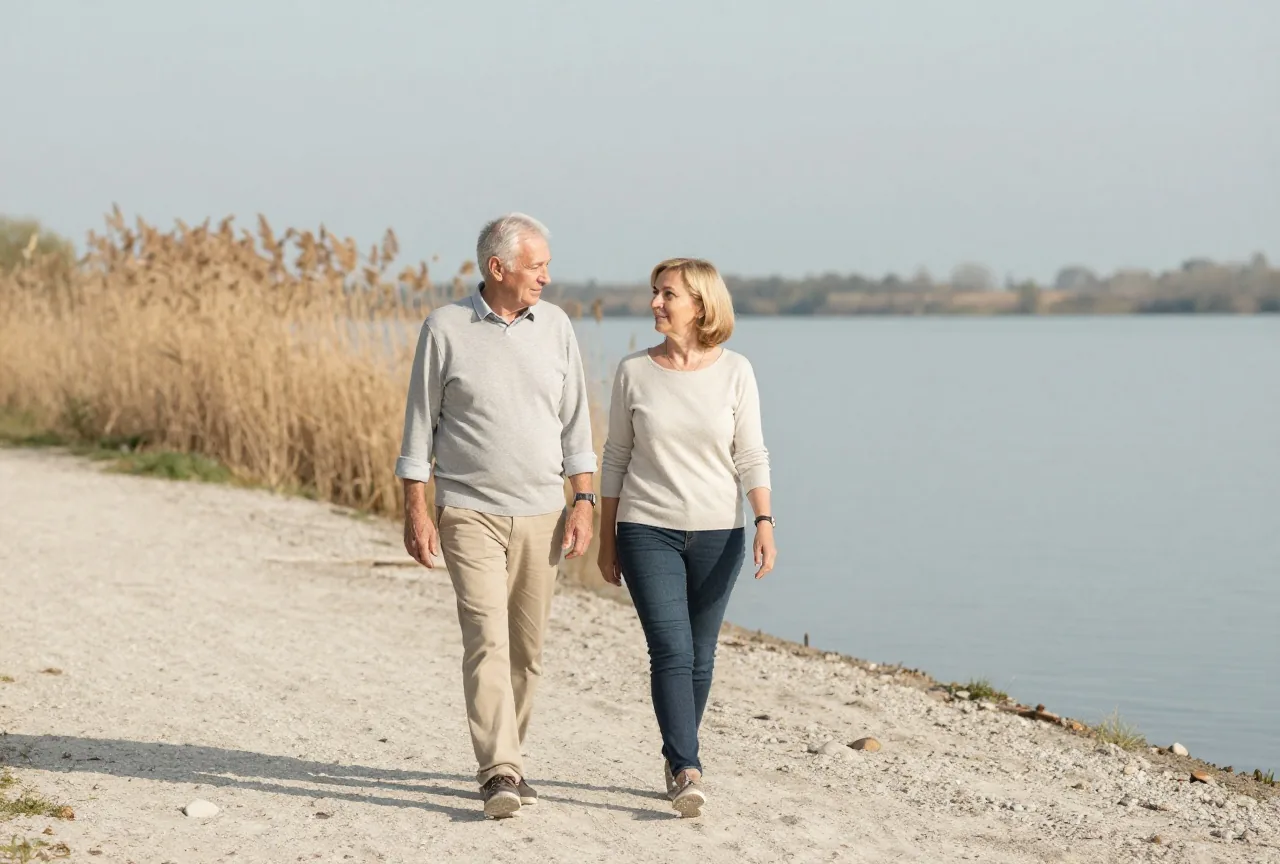 Paar Anfang sechzig geht an einem milden Nachmittag gemeinsam einen ruhigen Uferweg an einem See entlang