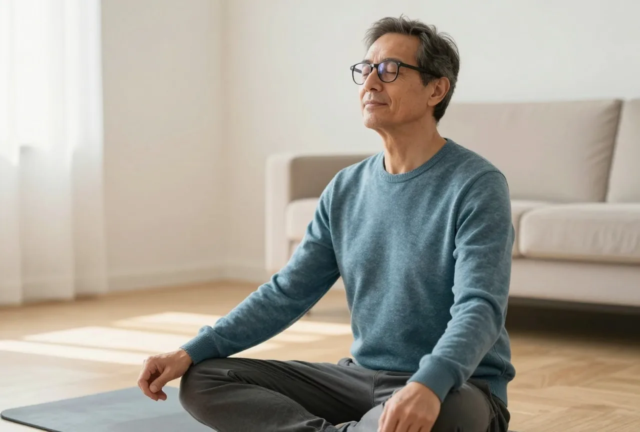 Mann in den Fünfzigern mit kurzen dunklen Haaren und Brille sitzt in einem hellen Wohnzimmer auf einer Matte und macht ruhige Atemübungen