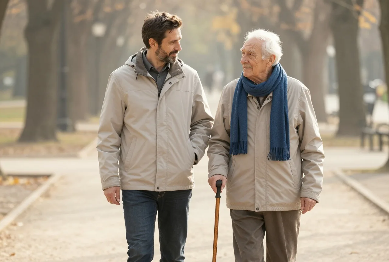 Mann in den Fünfzigern geht an einem sonnigen Herbsttag Arm in Arm mit seinem Vater in den Achtzigern einen Parkweg entlang