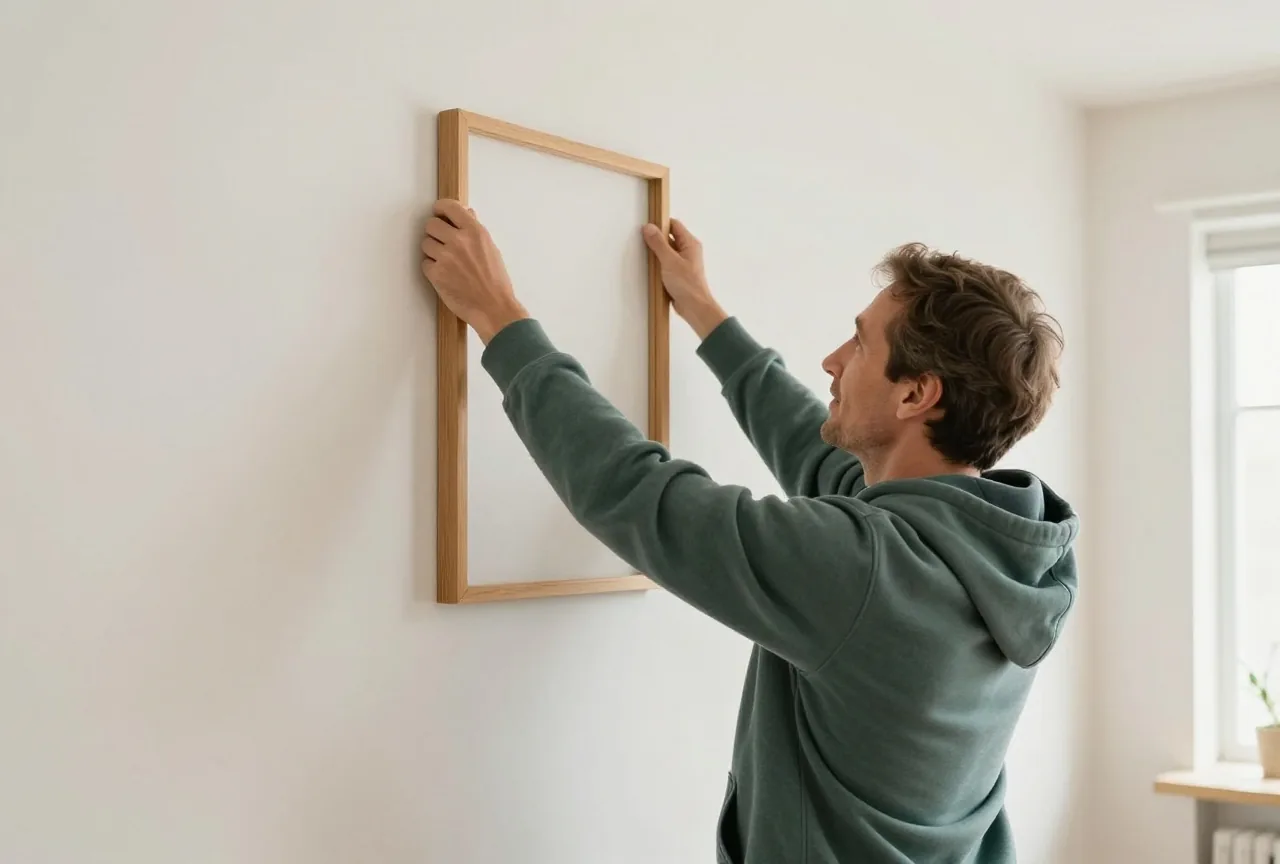Mann in den Vierzigern im grünen Kapuzenpulli hängt in einer hellen Wohnung einen Holzrahmen an die Wand