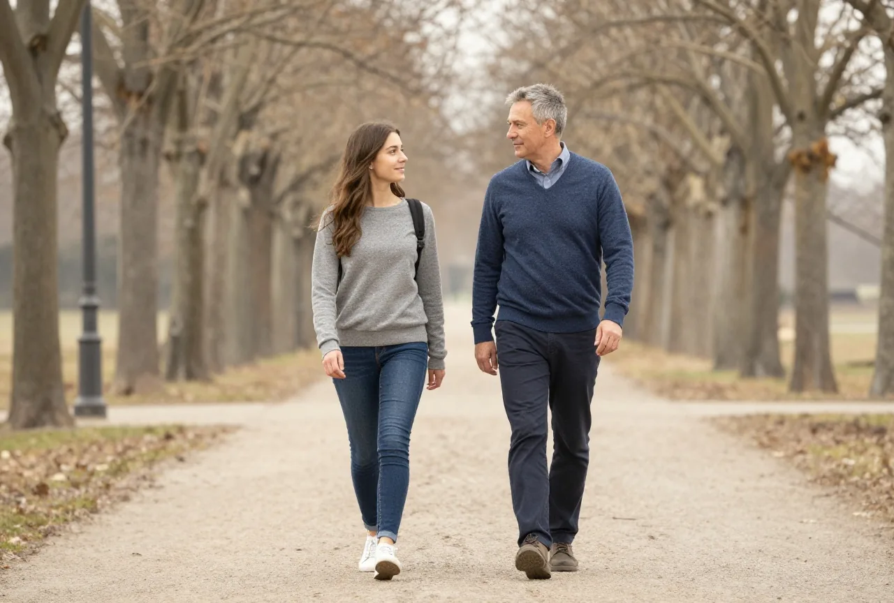 Vater Ende vierzig und seine erwachsene Tochter gehen an einem milden Herbstnachmittag nebeneinander einen ruhigen Alleeweg entlang und unterhalten sich