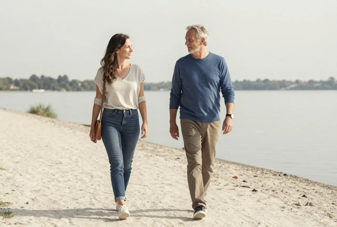 Mann Anfang sechzig geht mit seiner erwachsenen Tochter im Gespräch einen sonnigen Weg am Seeufer entlang