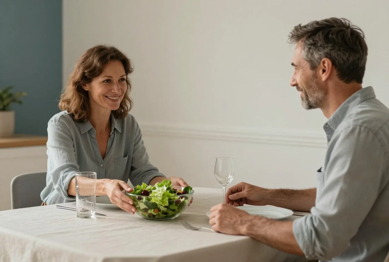 Paar in den Vierzigern sitzt am frühen Abend an einem hellen Tisch bei einem leichten Essen mit Salat