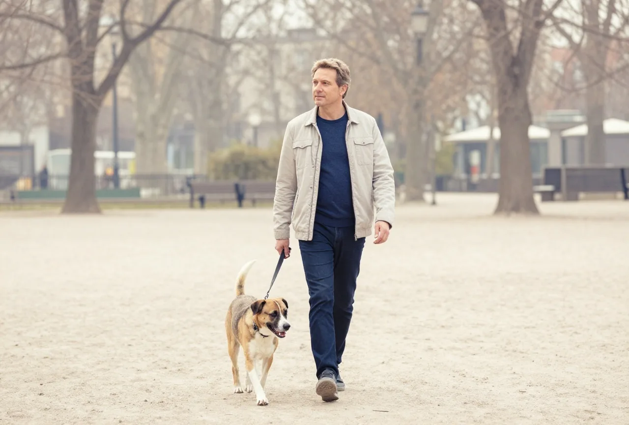 Mann Ende vierzig geht an einem ruhigen Frühlingsmorgen mit seinem Hund durch einen grünen Stadtpark