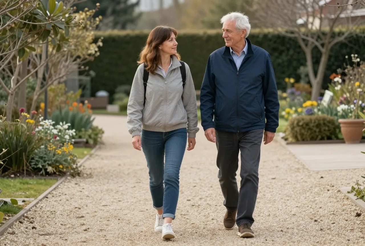 Mann Anfang siebzig geht mit seiner erwachsenen Tochter am späten Nachmittag langsam einen ruhigen Gartenweg entlang