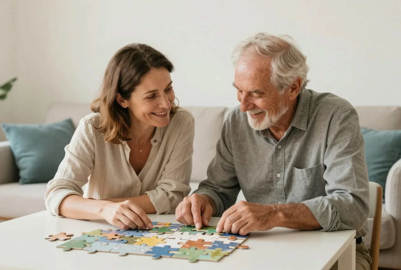 Frau Mitte fünfzig und ihr Vater Ende siebzig legen gemeinsam an einem hellen Wohnzimmertisch ein Puzzle und lächeln sich an