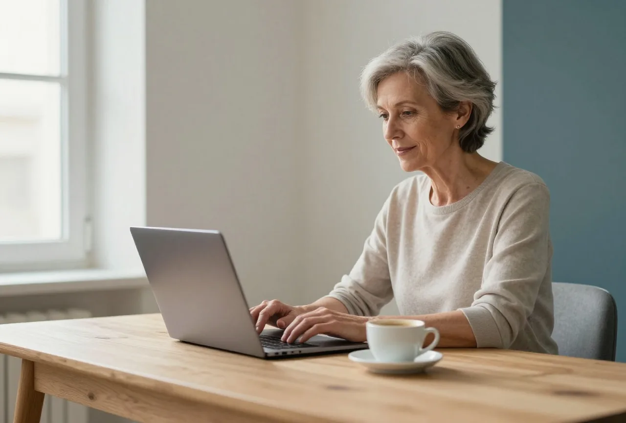 Frau Ende fünfzig arbeitet am späten Vormittag konzentriert am Laptop an einem hellen Schreibtisch am Fenster