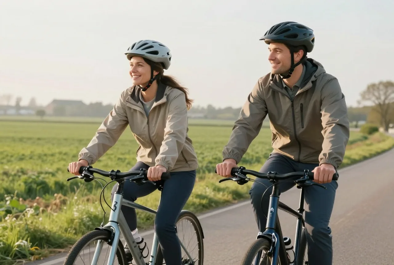 Mann und Frau Mitte dreißig fahren an einem hellen Frühlingsmorgen nebeneinander mit dem Fahrrad auf einem ruhigen Weg zwischen Feldern