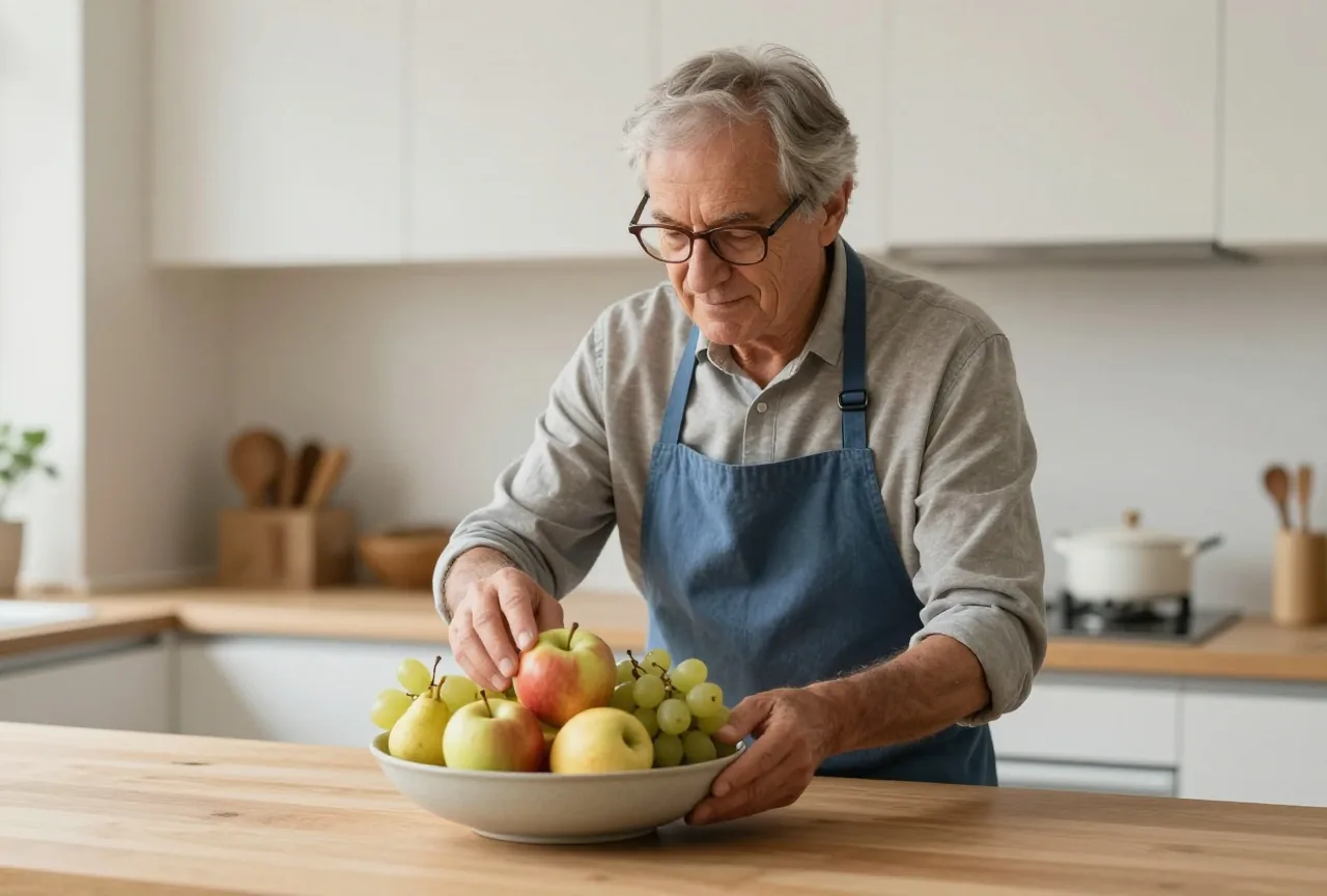 Mann in den Sechzigern mit grauem Haar und Brille richtet in einer hellen Küche frisches Obst in einer Schale an