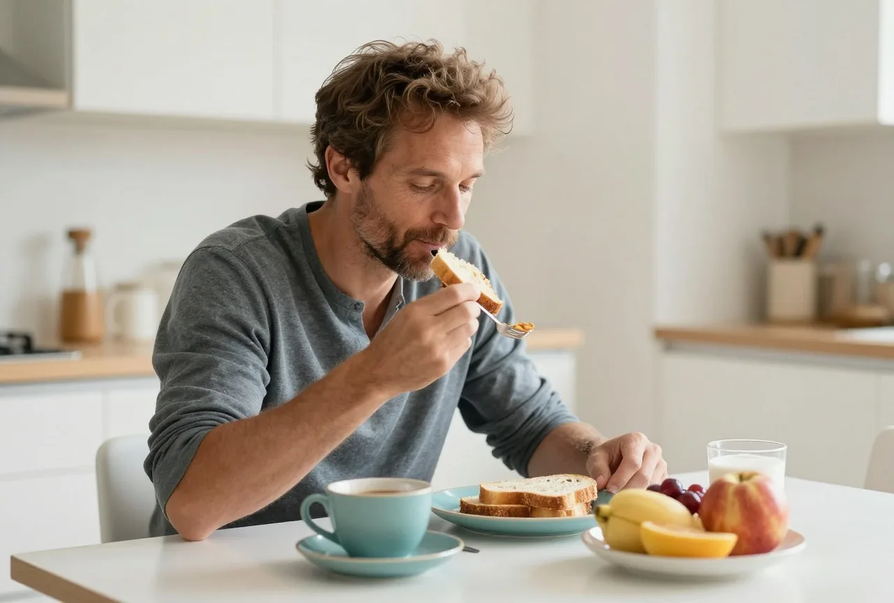 Mann Anfang vierzig frühstückt ruhig an einem hellen Küchentisch mit Brot und Obst