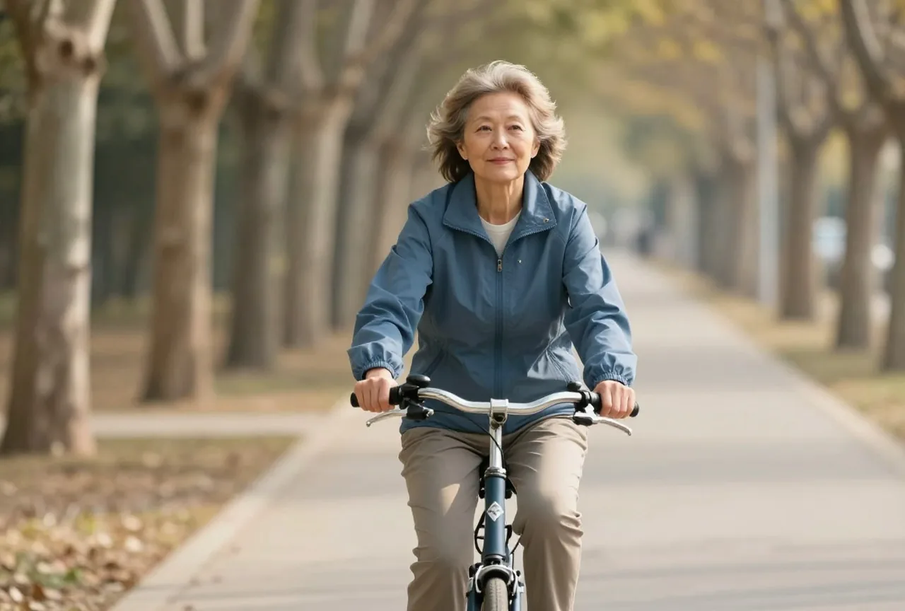 Frau in den Sechzigern fährt an einem sonnigen Nachmittag mit dem Fahrrad einen ruhigen Weg unter Bäumen entlang
