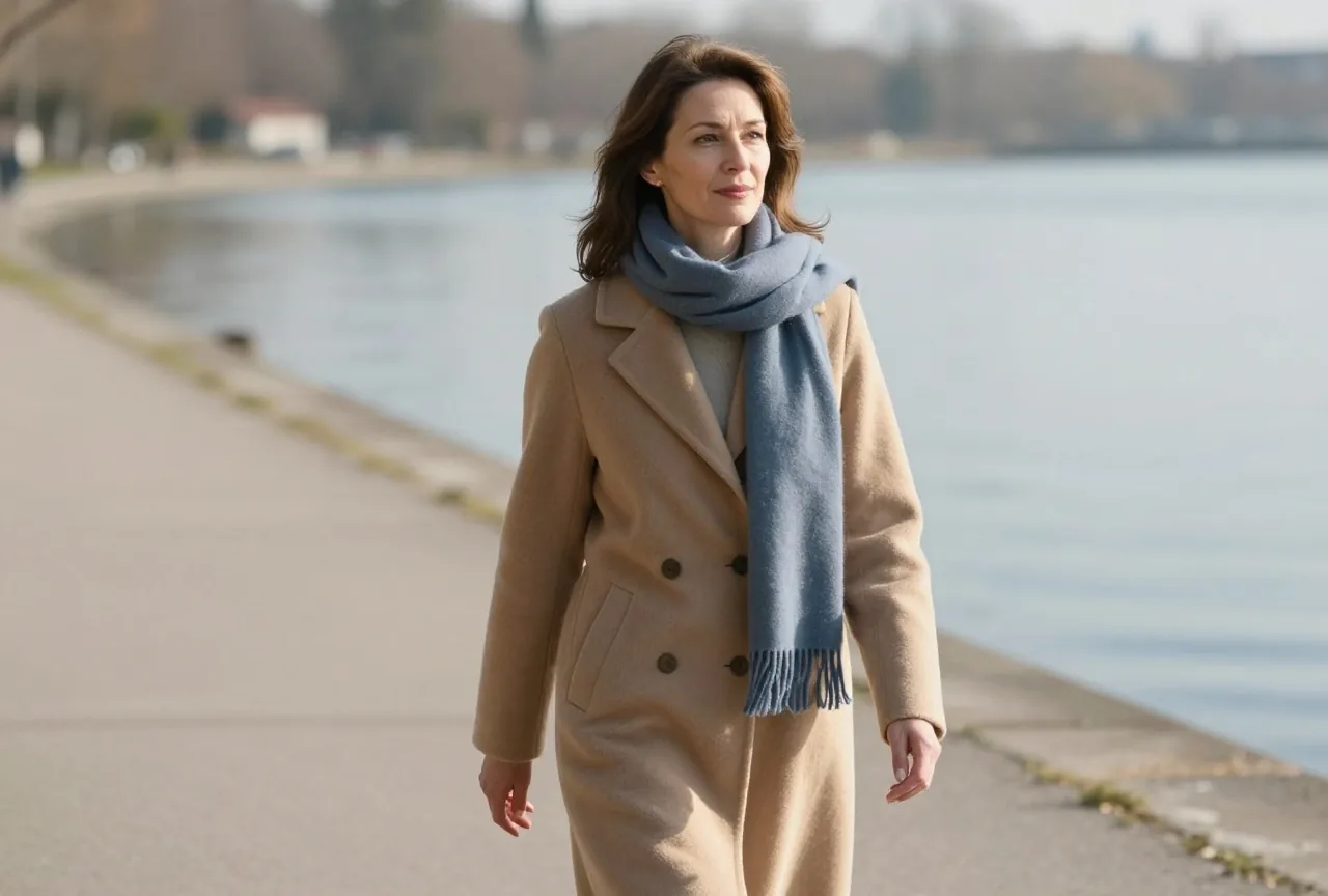 Frau in den Vierzigern geht an einem sonnigen Nachmittag einen ruhigen Weg am See entlang