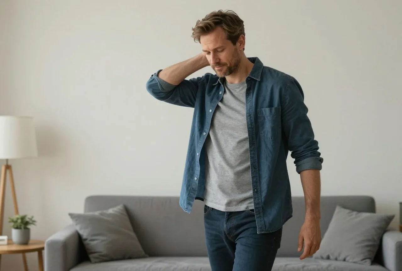Mann in den Vierzigern geht nachdenklich in einem hellen Wohnzimmer auf und ab, eine Hand im Nacken