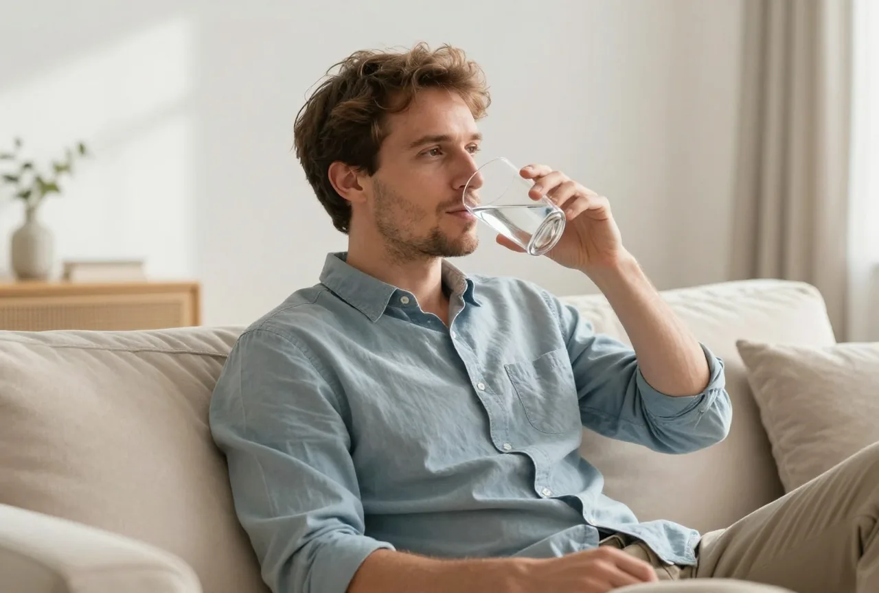 Mann in den Dreißigern sitzt entspannt auf einem Sofa in einem hellen Wohnzimmer und trinkt ein Glas Wasser
