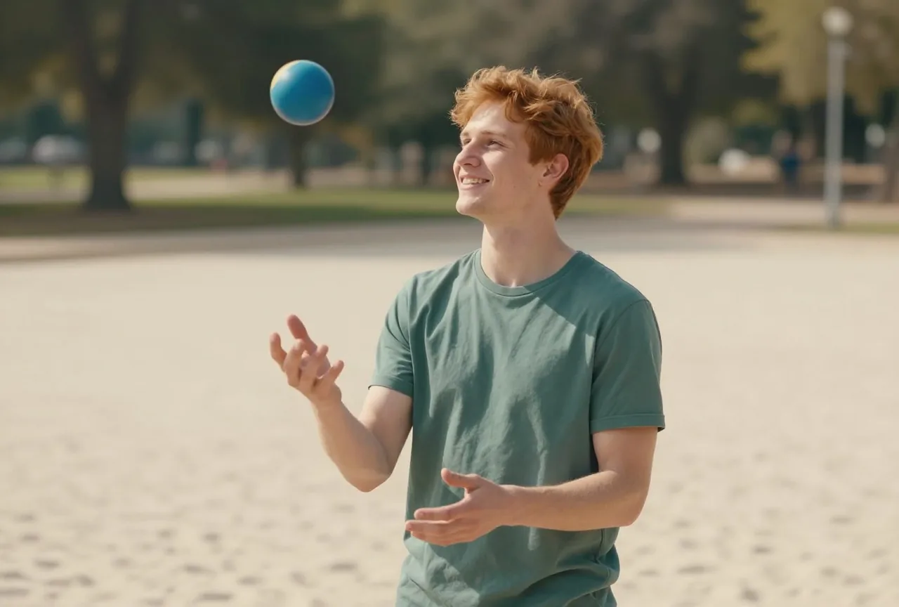 Junger Mann in den Zwanzigern mit roten Haaren spielt in einem sonnigen Park mit einem bunten Ball
