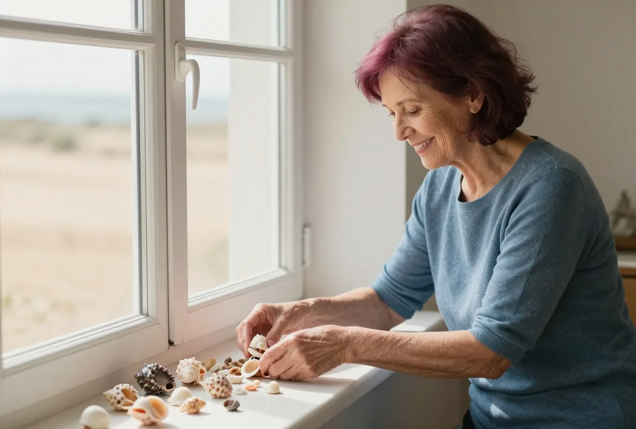 Frau in den Sechzigern mit kurzen pflaumenfarbenen Haaren legt auf einer sonnigen Fensterbank Muscheln aus