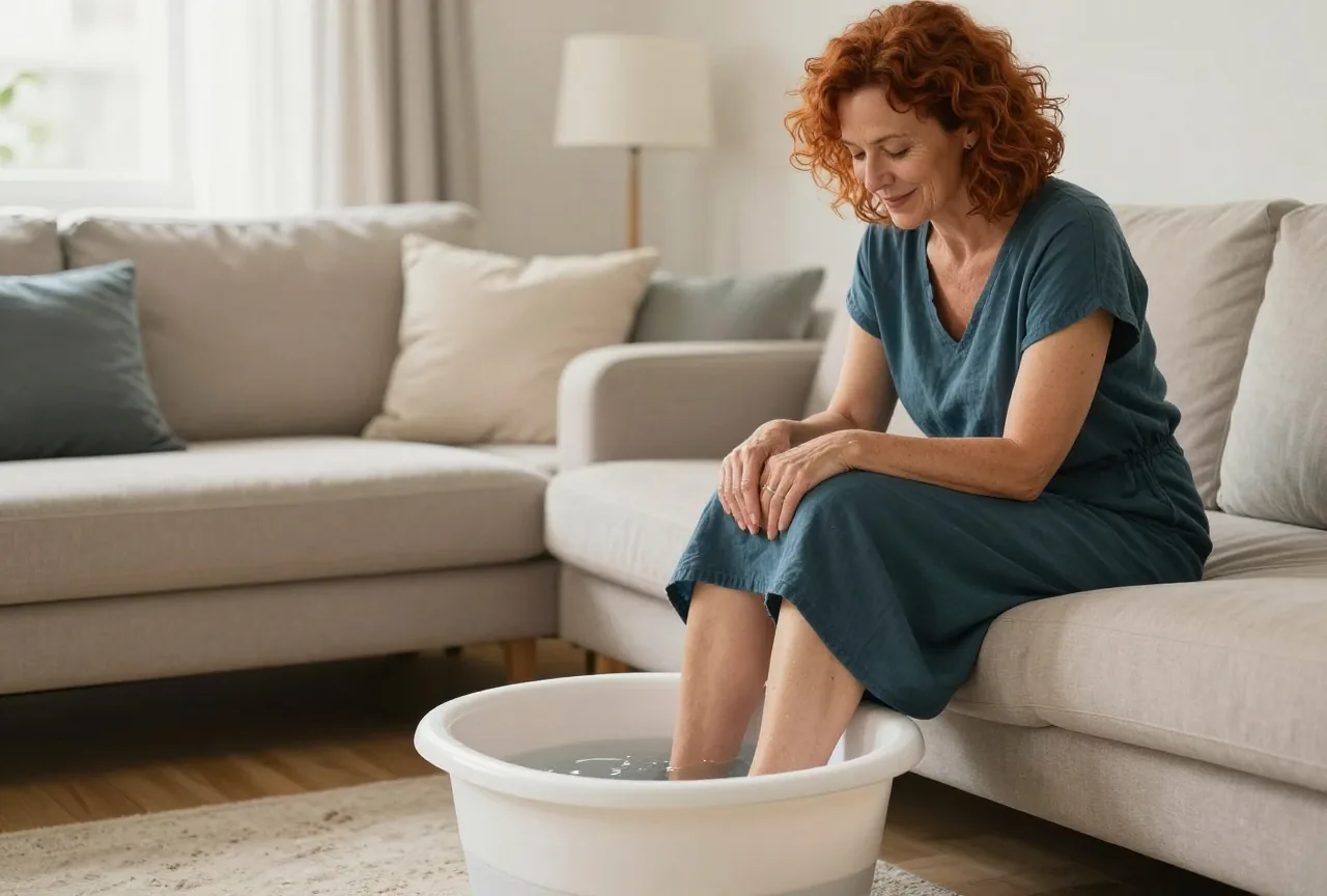 Frau Ende vierzig mit rotbraunen Locken sitzt im Wohnzimmer auf dem Sofa und nimmt ein warmes Fußbad