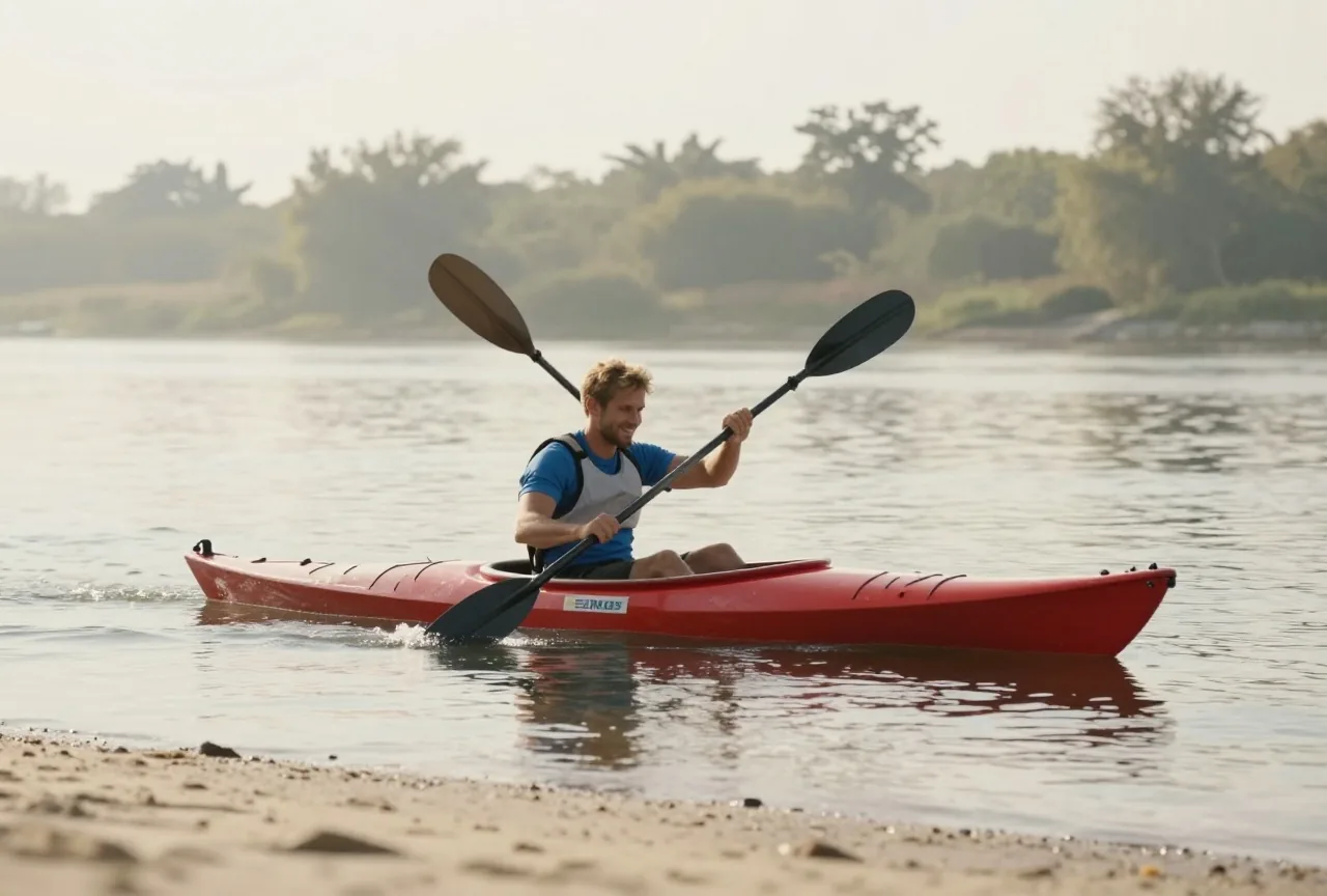 Mann in den Dreißigern mit kurzen blonden Haaren paddelt an einem sonnigen Morgen in einem roten Kajak über einen ruhigen Fluss
